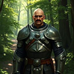 A human paladin, bald with a black mustache, wearing a suit of full plate armor, standing on a forest trail