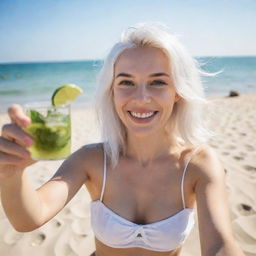 A girl with white hair gleefully taking a selfie on a sunny beach, sunbathing and enjoying a mojito