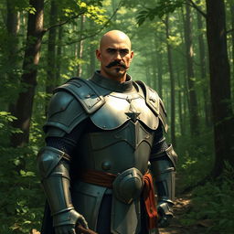 A human paladin, bald with a black mustache, wearing a suit of full plate armor, standing on a forest trail