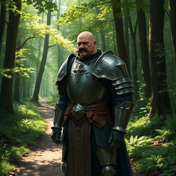 A human paladin, bald with a black mustache, wearing a suit of full plate armor, standing on a forest trail