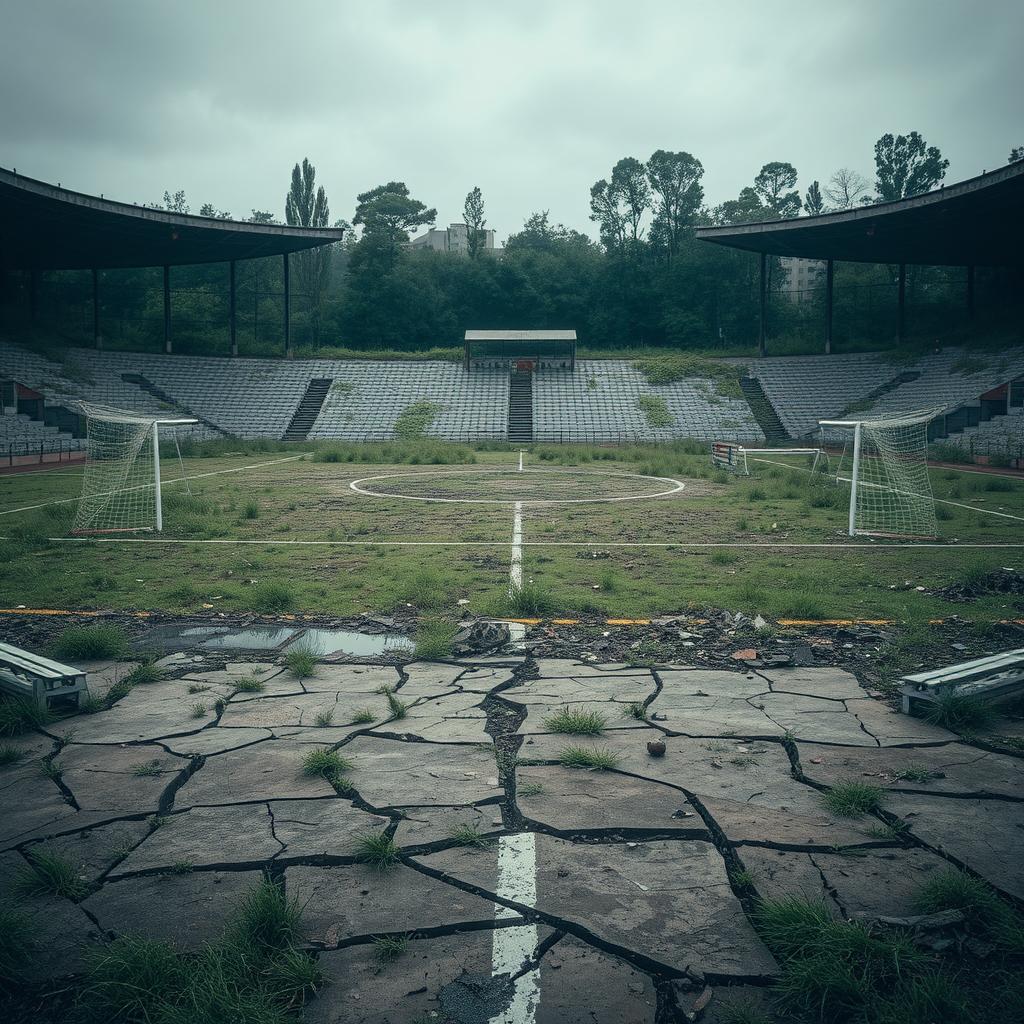 A football field that is completely destroyed, with torn goal nets, broken benches, and overgrown grass