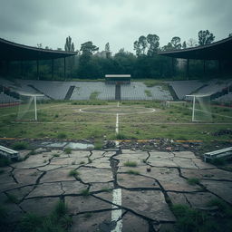 A football field that is completely destroyed, with torn goal nets, broken benches, and overgrown grass