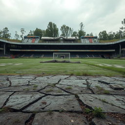 A football field that is completely destroyed, with torn goal nets, broken benches, and overgrown grass