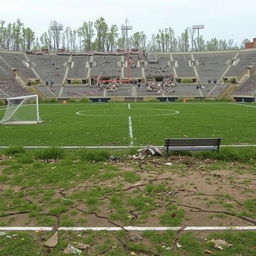 A football field that is completely destroyed, with torn goal nets, broken benches, and overgrown grass