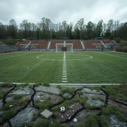 A football field that is completely destroyed, with torn goal nets, broken benches, and overgrown grass