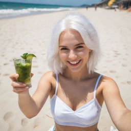 A girl with white hair gleefully taking a selfie on a sunny beach, sunbathing and enjoying a mojito