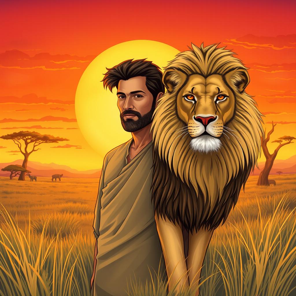 A detailed illustration of a man standing side by side with a lion in a natural setting