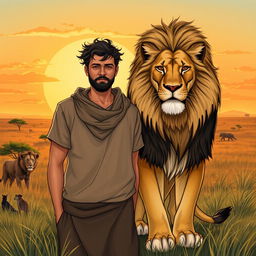 A detailed illustration of a man standing side by side with a lion in a natural setting