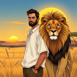 A detailed illustration of a man standing side by side with a lion in a natural setting