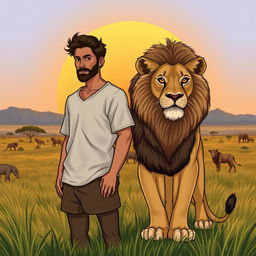 A detailed illustration of a man standing side by side with a lion in a natural setting