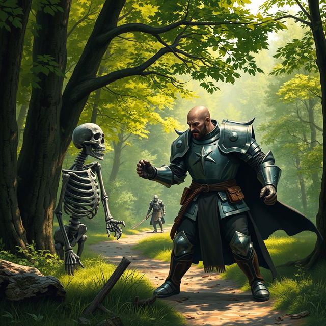 A human paladin, bald with a black mustache, wearing a suit of full plate armor, standing on a forest trail, fighting a skeleton