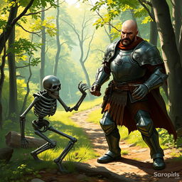 A human paladin, bald with a black mustache, wearing a suit of full plate armor, standing on a forest trail, fighting a skeleton