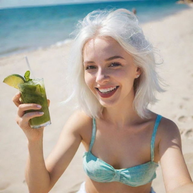 A girl with white hair gleefully taking a selfie on a sunny beach, sunbathing and enjoying a mojito