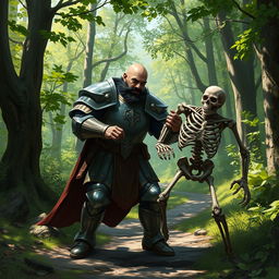 A human paladin, bald with a black mustache, wearing a suit of full plate armor, standing on a forest trail, fighting a skeleton