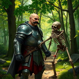 A human paladin, bald with a black mustache, wearing a suit of full plate armor, standing on a forest trail, fighting a skeleton