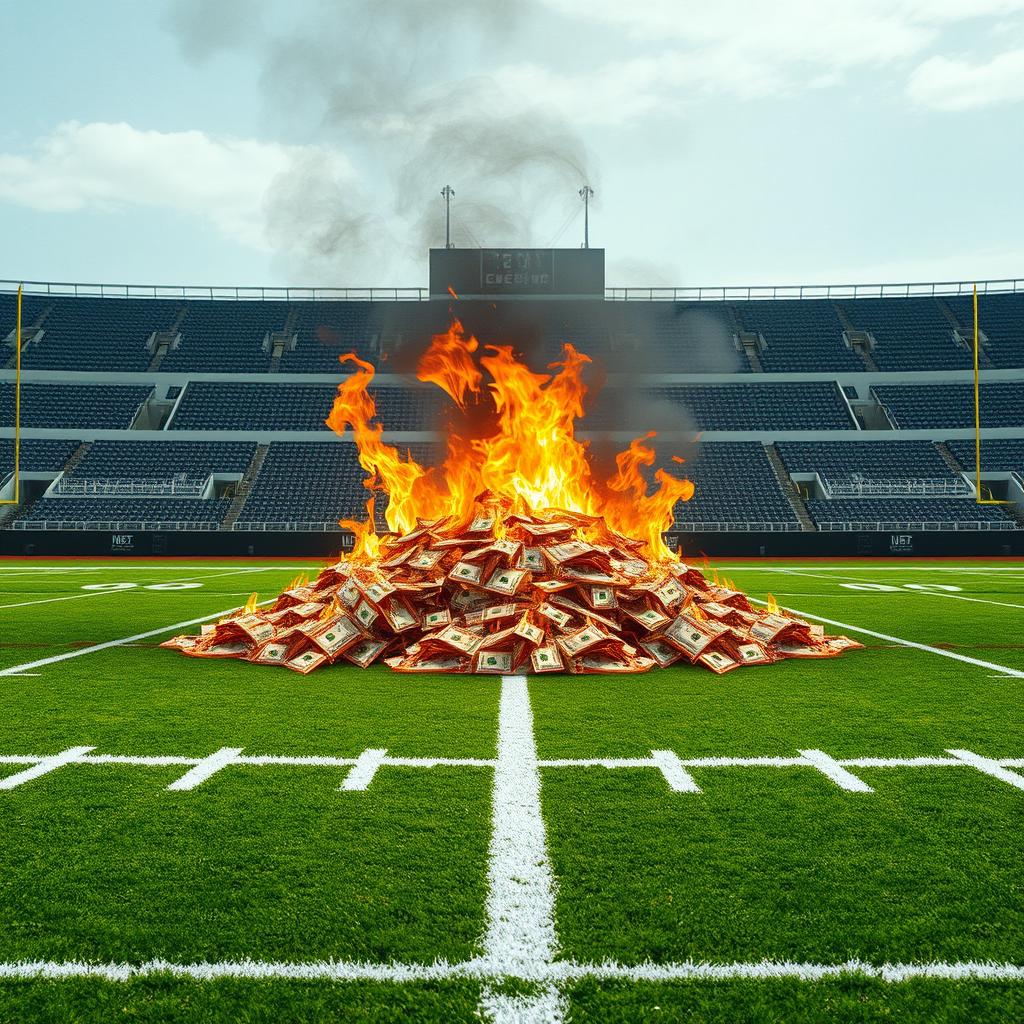 A football field with a large pile of money on fire in the middle