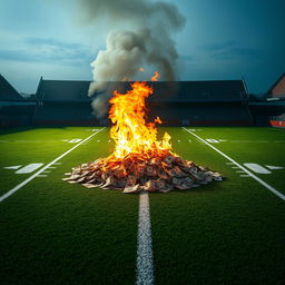 A football field with a large pile of money on fire in the middle