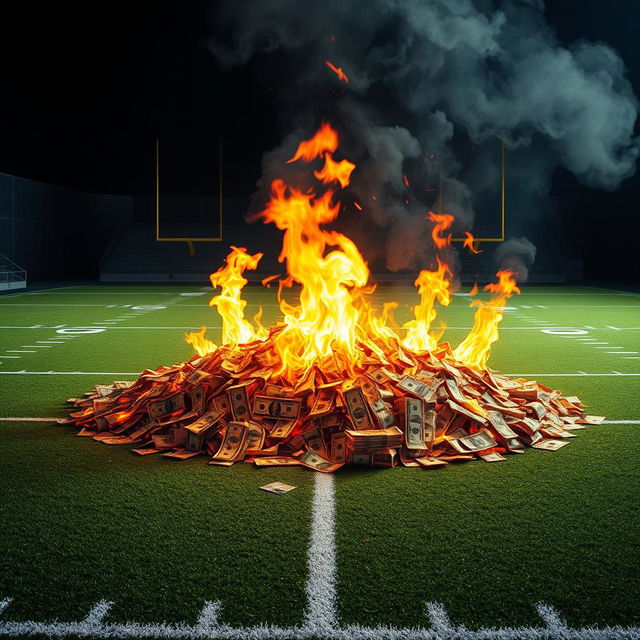 A football field with a large pile of money on fire in the middle