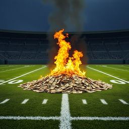 A football field with a large pile of money on fire in the middle