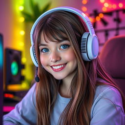 A 23-year-old gamer girl with a white headset, dark blue eyes, dark blonde long hair, and a cute smile