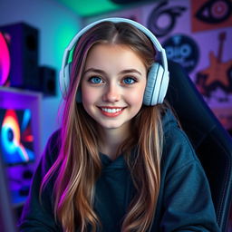 A 23-year-old gamer girl with a white headset, dark blue eyes, dark blonde long hair, and a cute smile