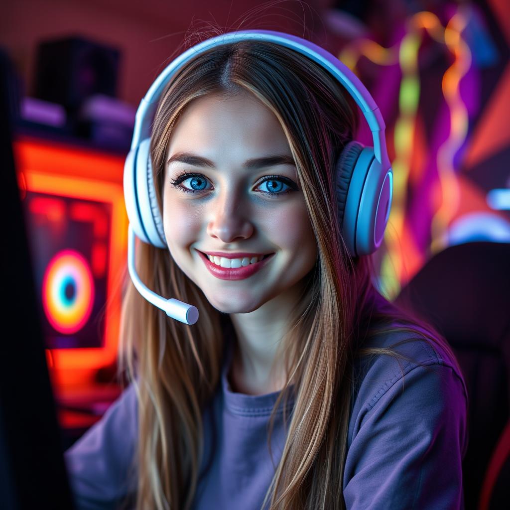 A 23-year-old gamer girl with a white headset, dark blue eyes, dark blonde long hair, and a cute smile