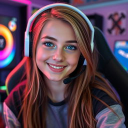 A 23-year-old gamer girl with a white headset, dark blue eyes, dark blonde long hair, and a cute smile