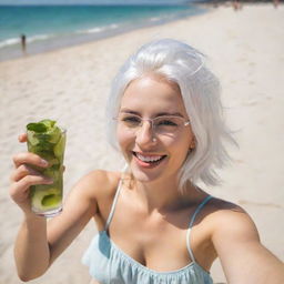 A girl with white hair gleefully taking a selfie on a sunny beach, sunbathing and enjoying a mojito