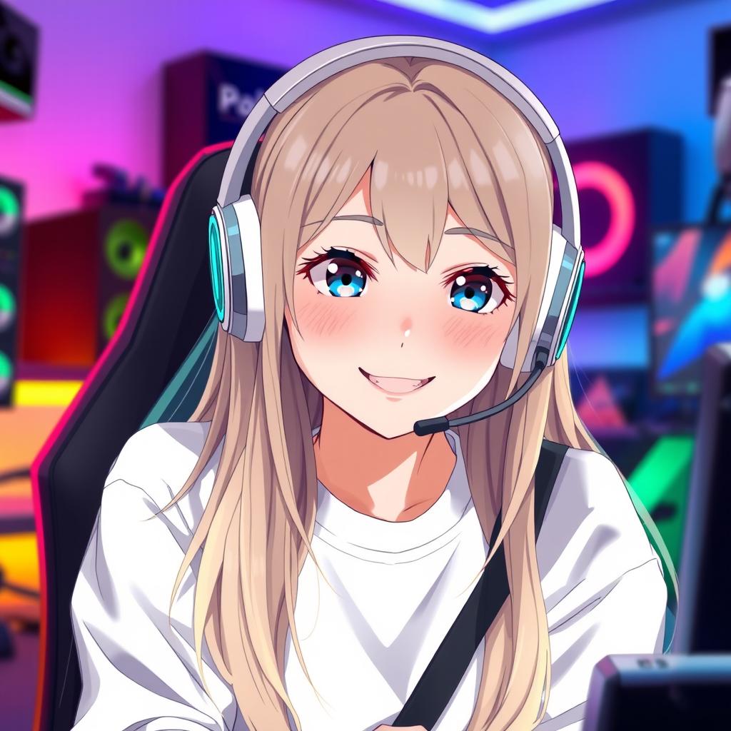 An anime-style 23-year-old gamer girl with a white headset, dark blue eyes, dark blonde long hair, and a bright smile