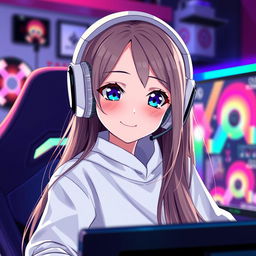 An anime-style 23-year-old gamer girl with a white headset, dark blue eyes, dark blonde long hair, and a bright smile