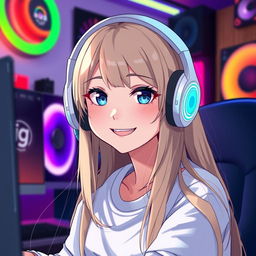 An anime-style 23-year-old gamer girl with a white headset, dark blue eyes, dark blonde long hair, and a bright smile