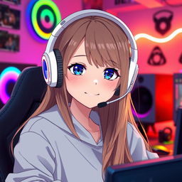 An anime-style 23-year-old gamer girl with a white headset, dark blue eyes, dark blonde long hair, and a bright smile