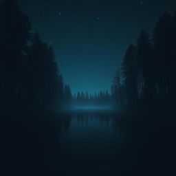 An eerie dark lake surrounded by tall trees with a night starry sky