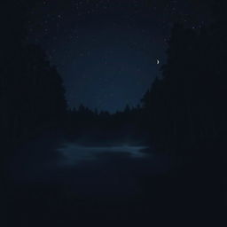 An eerie dark lake surrounded by tall trees with a night starry sky