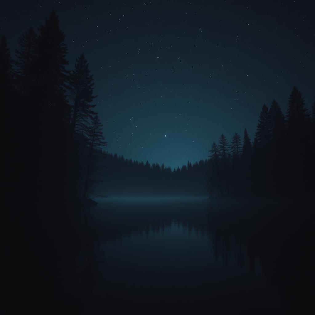 An eerie dark lake surrounded by tall trees with a night starry sky