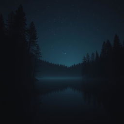 An eerie dark lake surrounded by tall trees with a night starry sky