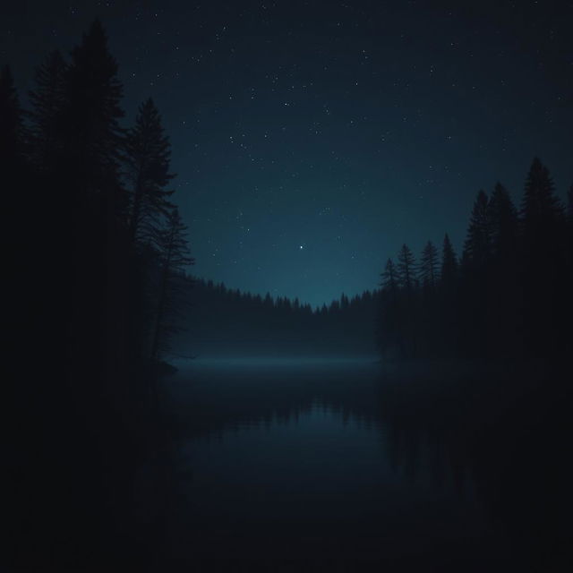 An eerie dark lake surrounded by tall trees with a night starry sky