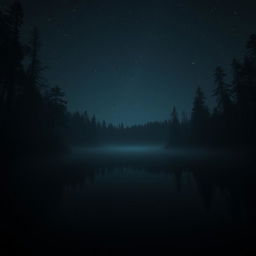 An eerie dark lake surrounded by tall trees with a night starry sky