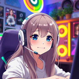 An anime-style 23-year-old gamer girl with a white headset, dark blue eyes, dark blonde long hair, and a bright smile