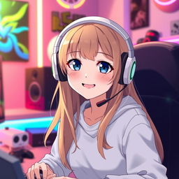 An anime-style 23-year-old gamer girl with a white headset, dark blue eyes, dark blonde long hair, and a bright smile