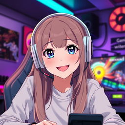 An anime-style 23-year-old gamer girl with a white headset, dark blue eyes, dark blonde long hair, and a bright smile