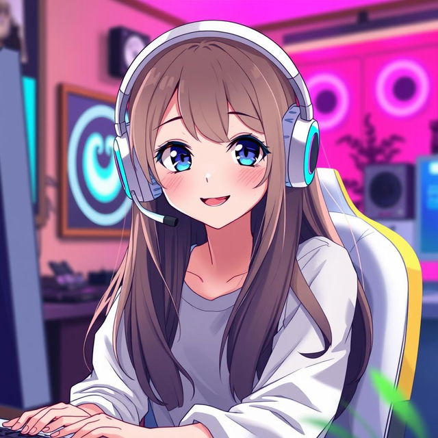 An anime-style 23-year-old gamer girl with a white headset, dark blue eyes, dark blonde long hair, and a bright smile