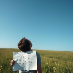 Create an image of a person standing in a meadow, looking up at the sky