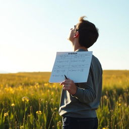 Create an image of a person standing in a meadow, looking up at the sky