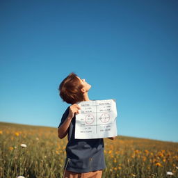 Create an image of a person standing in a meadow, looking up at the sky