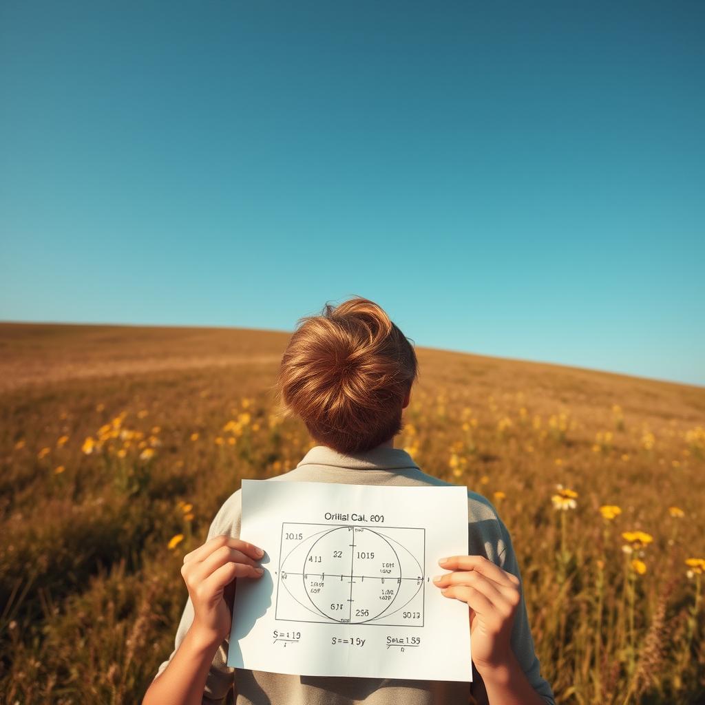 Create an image of a person standing in a meadow, looking up at the sky