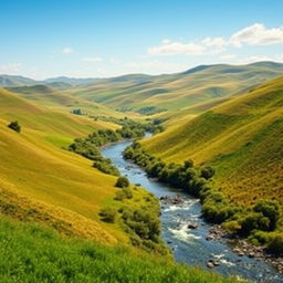 A beautiful landscape with rolling hills, a clear blue sky, and a serene river flowing through a lush green valley