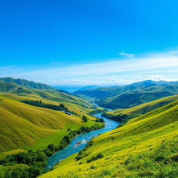 A beautiful landscape with rolling hills, a clear blue sky, and a serene river flowing through a lush green valley