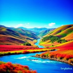 A beautiful landscape with rolling hills, a clear blue sky, and a serene river flowing through a lush green valley