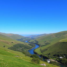 A beautiful landscape with rolling hills, a clear blue sky, and a serene river flowing through a lush green valley